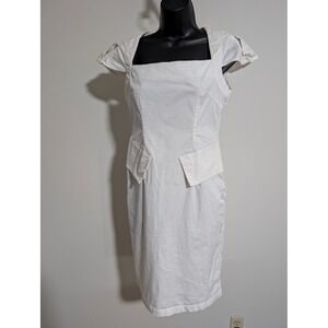 White Fumbling Foe Pinstripe Fitted Sheath Dress Square Neck Peplum Small
